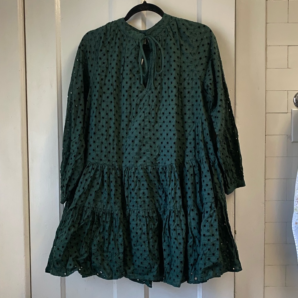 dark teal dress with eyelet-tie front